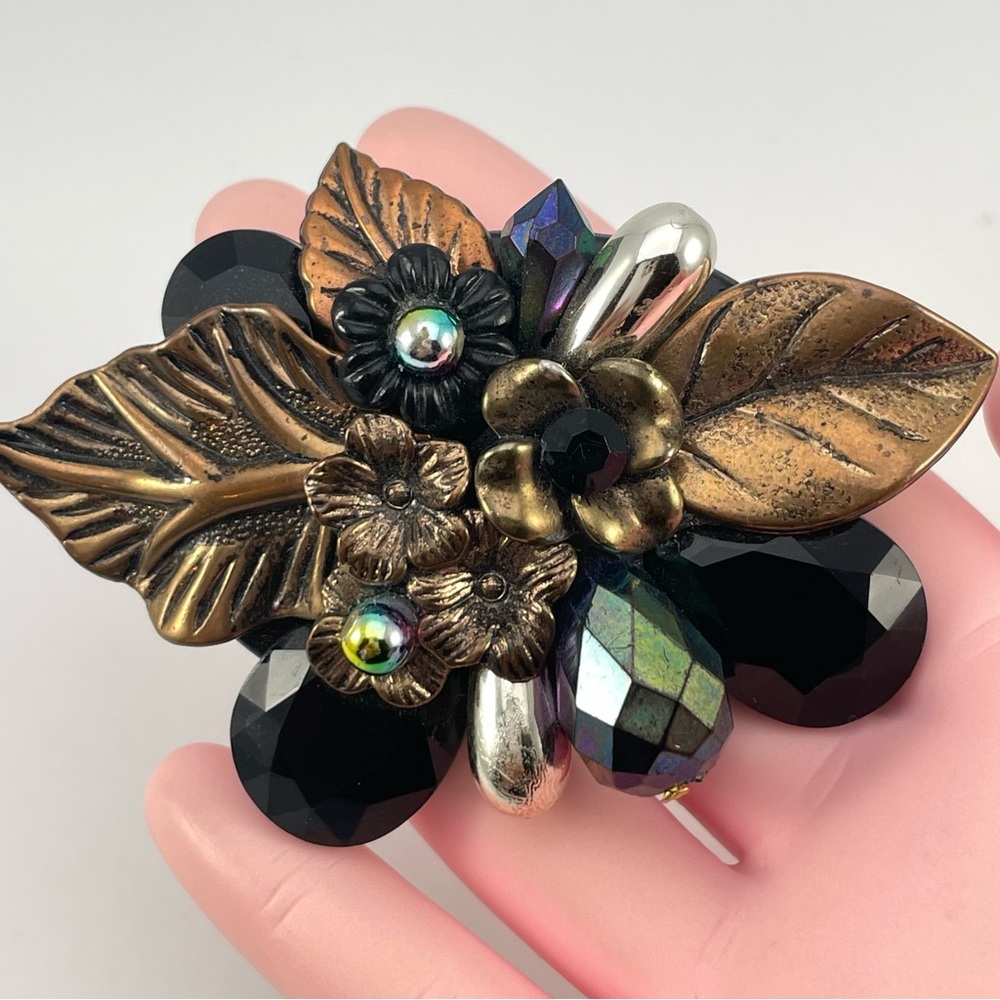 Vintage inspired Bold Floral Leaf Brooch with Acrylic Beads & Iridescent Accents